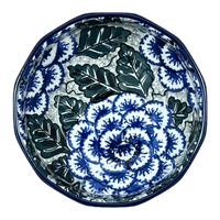 A picture of a Polish Pottery Bowl, Multiangular, 5" in "Blue Dahlia" by Ceramika Artystyczna | A221-U1473 as shown at PolishPotteryOutlet.com/products/c-a-multangular-bowl-blue-dahlia-a221-u1473