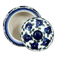 A picture of a Polish Pottery Container, Round, Covered, 5" x 4", WR (WR31I) in "Pansy Storm" by W.R. Ceramika | WR31I-EZ3 as shown at PolishPotteryOutlet.com/products/round-covered-container-pansy-storm-wr31i-ez3