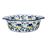 A picture of a Polish Pottery Baker, Round, 8", WR (WR43F) in "Pansy Wreath" by W.R. Ceramika | WR43F-EZ2 as shown at PolishPotteryOutlet.com/products/8-round-baker-pansy-wreath-wr43f-ez2