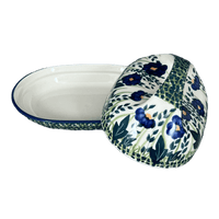 A picture of a Polish Pottery Fancy Butter Dish (Bouncing Blue Blossoms) | M077U-IM03 as shown at PolishPotteryOutlet.com/products/fancy-butter-dish-bouncing-blue-blossoms-m077u-im03