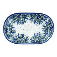 A picture of a Polish Pottery WR 7" x 11" Oval Roaster (Delphinium Spray) | WR13B-BW3 as shown at PolishPotteryOutlet.com/products/7-x-11-oval-roaster-delphinium-spray-wr13b-bw3