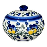 A picture of a Polish Pottery Container, Round, Covered, 5" x 4", WR (WR31I) in "Pansy Wreath" by W.R. Ceramika | WR31I-EZ2 as shown at PolishPotteryOutlet.com/products/round-covered-container-ez2