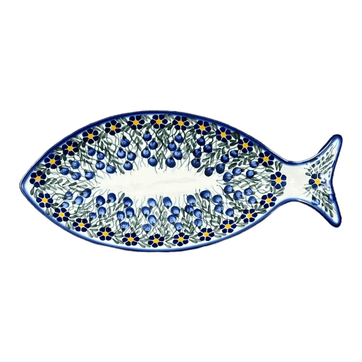 Plate, Fish-Shaped, 14.5" x 6.5", WR (WR13O) in "Modern Blue Cascade" by W.R. Ceramika | WR13O-GP1