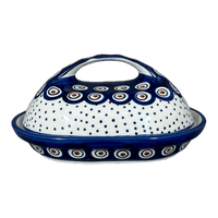 A picture of a Polish Pottery Fancy Butter Dish (Peacock Dot) | M077U-54K as shown at PolishPotteryOutlet.com/products/7-x-5-fancy-butter-dish-peacock-dot-m077u-54k