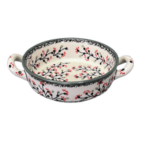 A picture of a Polish Pottery Casserole, Round, Small, 5" x 7.5" in "Cherry Blossoms - Solid Rim" by Manufaktura | Z153S-DPGJA as shown at PolishPotteryOutlet.com/products/small-round-casserole-cherry-blossoms-solid-rim-z153s-dpgja