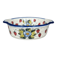 A picture of a Polish Pottery Baker, Round, 8", WR (WR43F) in "Strawberries & Blossoms" by W.R. Ceramika | WR43F-WR2 as shown at PolishPotteryOutlet.com/products/8-round-baker-strawberries-blossoms-wr43f-wr2