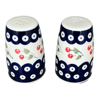 A picture of a Polish Pottery 3.75" Salt and Pepper (Cherry Dot) | S086T-70WI as shown at PolishPotteryOutlet.com/products/3-75-salt-and-pepper-cherry-dot-s086t-70wi