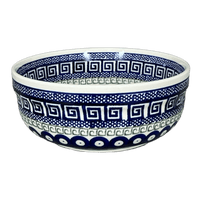 A picture of a Polish Pottery Zaklady 7.25" Round Magnolia Bowl (Grecian Dot) | Y834A-D923 as shown at PolishPotteryOutlet.com/products/7-25-round-magnolia-bowl-geometric-peacock-y834a-d923