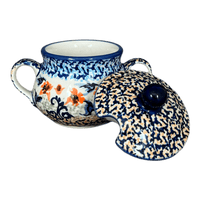 A picture of a Polish Pottery 3.5" Traditional Sugar Bowl (Hummingbird Harvest) | C015S-JZ35 as shown at PolishPotteryOutlet.com/products/3-5-the-traditional-sugar-bowl-hummingbird-harvest-c015s-jz35