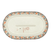 A picture of a Polish Pottery 7"x11" Oval Roaster (Peach Blossoms - Solid Rim) | P099S-AS46A as shown at PolishPotteryOutlet.com/products/7x11-oval-roaster-peach-blossoms-solid-rim-p099s-as46a