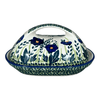 A picture of a Polish Pottery Fancy Butter Dish (Bouncing Blue Blossoms) | M077U-IM03 as shown at PolishPotteryOutlet.com/products/fancy-butter-dish-bouncing-blue-blossoms-m077u-im03