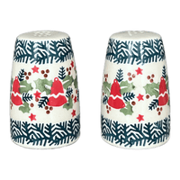 A picture of a Polish Pottery 3.75" Salt and Pepper (Evergreen Bells) | S086U-PZDG as shown at PolishPotteryOutlet.com/products/3-75-salt-and-pepper-evergreen-bells-s086u-pzdg