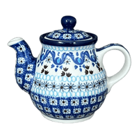 A picture of a Polish Pottery Teapot, 10 oz Individual in "Blue Ribbon" by Ceramika Artystyczna | A020-1026X as shown at PolishPotteryOutlet.com/products/10-oz-individual-teapot-blue-ribbon-a020-1026x