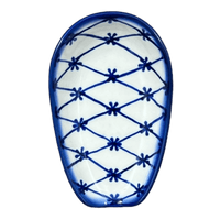 A picture of a Polish Pottery WR 3.5" x 5" Spoon Rest (Blue Floral Trellis) | WR55D-DT3 as shown at PolishPotteryOutlet.com/products/3-5-x-5-spoon-rest-blue-floral-trellis-wr55d-dt3