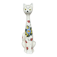 A picture of a Polish Pottery Figurine, Tall Cat, 12.5", WR (WR40A) in "Strawberries & Blossoms" by W.R. Ceramika | WR40A-WR2 as shown at PolishPotteryOutlet.com/products/wr-12-5-tall-cat-figurine-strawberries-blossoms-wr40a-wr2