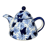 A picture of a Polish Pottery 0.9 Liter Teapot (Blue Butterfly) | C005U-AS58 as shown at PolishPotteryOutlet.com/products/0-9-liter-teapot-blue-butterfly-c005u-as58