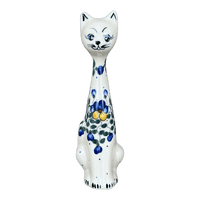 A picture of a Polish Pottery Figurine, Tall Cat, 9.5", WR (WR40C) in "Pansy Wreath" by W.R. Ceramika | WR40C-EZ2 as shown at PolishPotteryOutlet.com/products/wr-9-5-tall-cat-figurine-pansy-wreath-wr40c-ez2