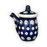 A picture of a Polish Pottery Zaklady Soy Sauce Pitcher (Peacock Burst) | Y1947-D487 as shown at PolishPotteryOutlet.com/products/soy-sauce-pitcher-peacock-burst-y1947-d487
