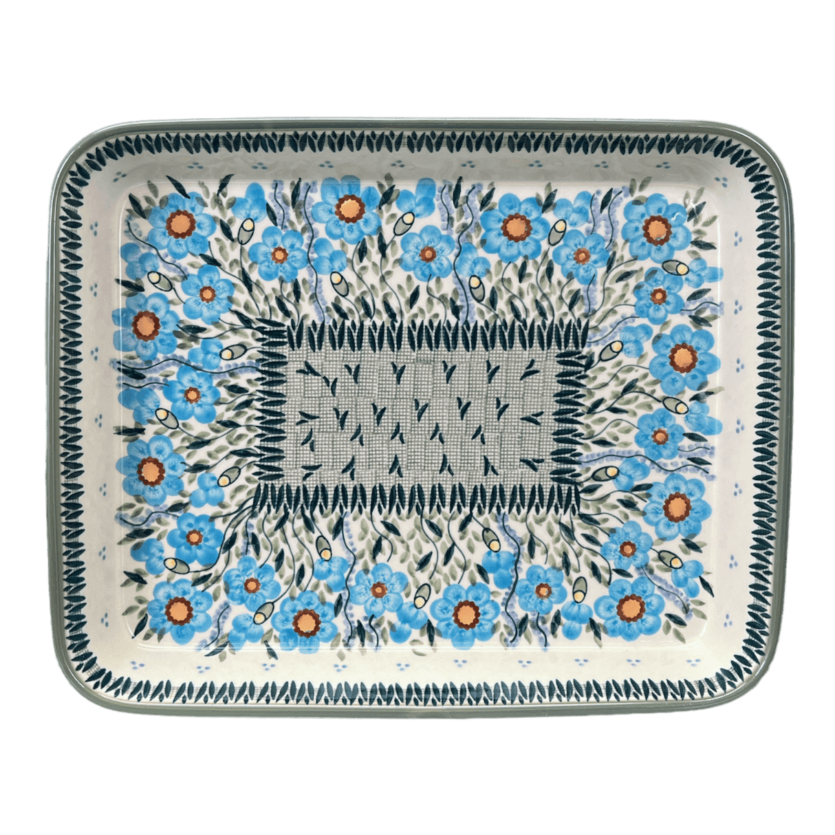 Baker, Rectangular, Shallow 10" x 13" in "Baby Blue Blossoms - Solid Rim" by Manufaktura | P105S-JS49A