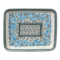 A picture of a Polish Pottery Baker, Rectangular, 10" x 13" in "Baby Blue Blossoms - Solid Rim" by Manufaktura | P105S-JS49A as shown at PolishPotteryOutlet.com/products/10-x-13-rectangular-baker-baby-blue-blossoms-solid-rim-p105s-js49a