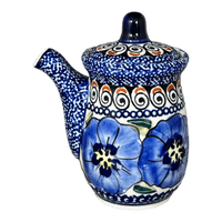 A picture of a Polish Pottery Zaklady Soy Sauce Pitcher (Bloomin' Sky) | Y1947-ART148 as shown at PolishPotteryOutlet.com/products/soy-sauce-pitcher-blue-bouquet-in-mosaic-y1947-art148