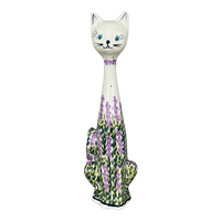 A picture of a Polish Pottery Figurine, Tall Cat, 12.5", WR (WR40A) in "Lavender Fields" by W.R. Ceramika | WR40A-BW4 as shown at PolishPotteryOutlet.com/products/wr-12-5-tall-cat-figurine-lavender-fields-wr40a-bw4