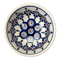 A picture of a Polish Pottery Dipping Bowl (Floral Peacock) | M153T-54KK as shown at PolishPotteryOutlet.com/products/dipping-bowl-floral-peacock-m153t-54kk