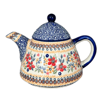 A picture of a Polish Pottery 0.9 Liter Teapot (Ruby Duet) | C005S-DPLC as shown at PolishPotteryOutlet.com/products/0-9-liter-teapot-ruby-duet-c005s-dplc