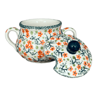 A picture of a Polish Pottery 3.5" Traditional Sugar Bowl (Peach Blossoms) | C015S-AS46 as shown at PolishPotteryOutlet.com/products/3-5-the-traditional-sugar-bowl-peach-blossoms-c015s-as46
