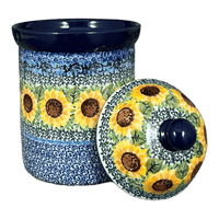 A picture of a Polish Pottery Canister, 1 Liter in "Sunflowers" by Ceramika Artystyczna | A491-U4739 as shown at PolishPotteryOutlet.com/products/1-liter-canister-sunflowers-a491-u4739