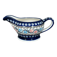 A picture of a Polish Pottery Zaklady 16 oz. Gravy Boat (Climbing Aster) | Y1258-A1145A as shown at PolishPotteryOutlet.com/products/16-oz-gravy-boat-climbing-aster-y1258-a1145a