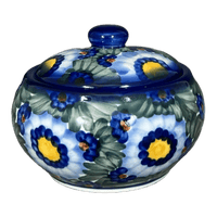 A picture of a Polish Pottery Container, Round, Covered, 5" x 4", WR (WR31I) in "Impressionist's Dream" by W.R. Ceramika | WR31I-AB3 as shown at PolishPotteryOutlet.com/products/round-covered-container-impressionists-dream-wr31i-ab3