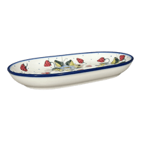 A picture of a Polish Pottery WR 7" x 11" Oval Roaster (Strawberries & Blossoms) | WR13B-WR2 as shown at PolishPotteryOutlet.com/products/7-x-11-oval-roaster-strawberries-blossoms-wr13b-wr2