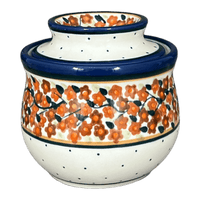 A picture of a Polish Pottery Butter Crock, 4.5" x 3.5" in "Orange Wreath" by Zaklady | Y1512-DU52 as shown at PolishPotteryOutlet.com/products/butter-crock-orange-wreath-y1512-du52