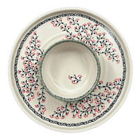 A picture of a Polish Pottery Chip and Dip Platter (Cherry Blossoms) | N007S-DPGJ as shown at PolishPotteryOutlet.com/products/13-cake-plate-chip-dip-combo-cherry-blossoms-n007s-dpgj