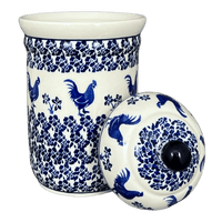 A picture of a Polish Pottery Zaklady 1 Liter Container (Rooster Blues) | Y1243-D1149 as shown at PolishPotteryOutlet.com/products/1-liter-container-rooster-blues-y1243-d1149