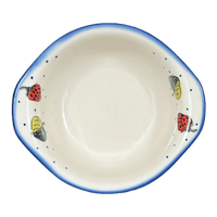 A picture of a Polish Pottery Bowl, Round, Soup, 22 oz, WR (WR51B) in "Strawberries & Blossoms" by W.R. Ceramika | WR51B-WR2 as shown at PolishPotteryOutlet.com/products/soup-bowl-small-casserole-strawberries-blossoms-wr51b-wr2