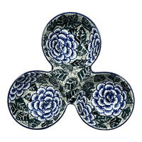 A picture of a Polish Pottery CA 3-Bowl Divided Server (Blue Dahlia) | AB34-U1473 as shown at PolishPotteryOutlet.com/products/3-bowl-divided-server-blue-dahlia-ab34-u1473