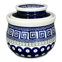 A picture of a Polish Pottery Zaklady Butter Crock (Grecian Dot) | Y1512-D923 as shown at PolishPotteryOutlet.com/products/butter-crock-grecian-dot-y1512-d923