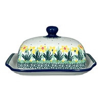 A picture of a Polish Pottery Butter Dish, 7" x 5.5" in "Daffodils in Bloom" by Ceramika Artystyczna | A295-2122X as shown at PolishPotteryOutlet.com/products/c-a-butter-dish-daffodils-in-bloom-a295-2122x