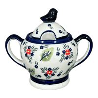 A picture of a Polish Pottery Zaklady Bird Sugar Bowl (Floral Pine) | Y1234-D914 as shown at PolishPotteryOutlet.com/products/bird-sugar-bowl-floral-pine-y1234-d914