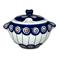 A picture of a Polish Pottery 3" Sugar Bowl (Peacock in Line) | C003T-54A as shown at PolishPotteryOutlet.com/products/3-sugar-bowl-peacock-in-line-c003t-54a
