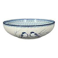 A picture of a Polish Pottery CA 10.5" Serving Bowl (Bullfinch on Blue) | AC36-U4830 as shown at PolishPotteryOutlet.com/products/10-5-serving-bowl-bullfinch-on-blue-ac36-u4830