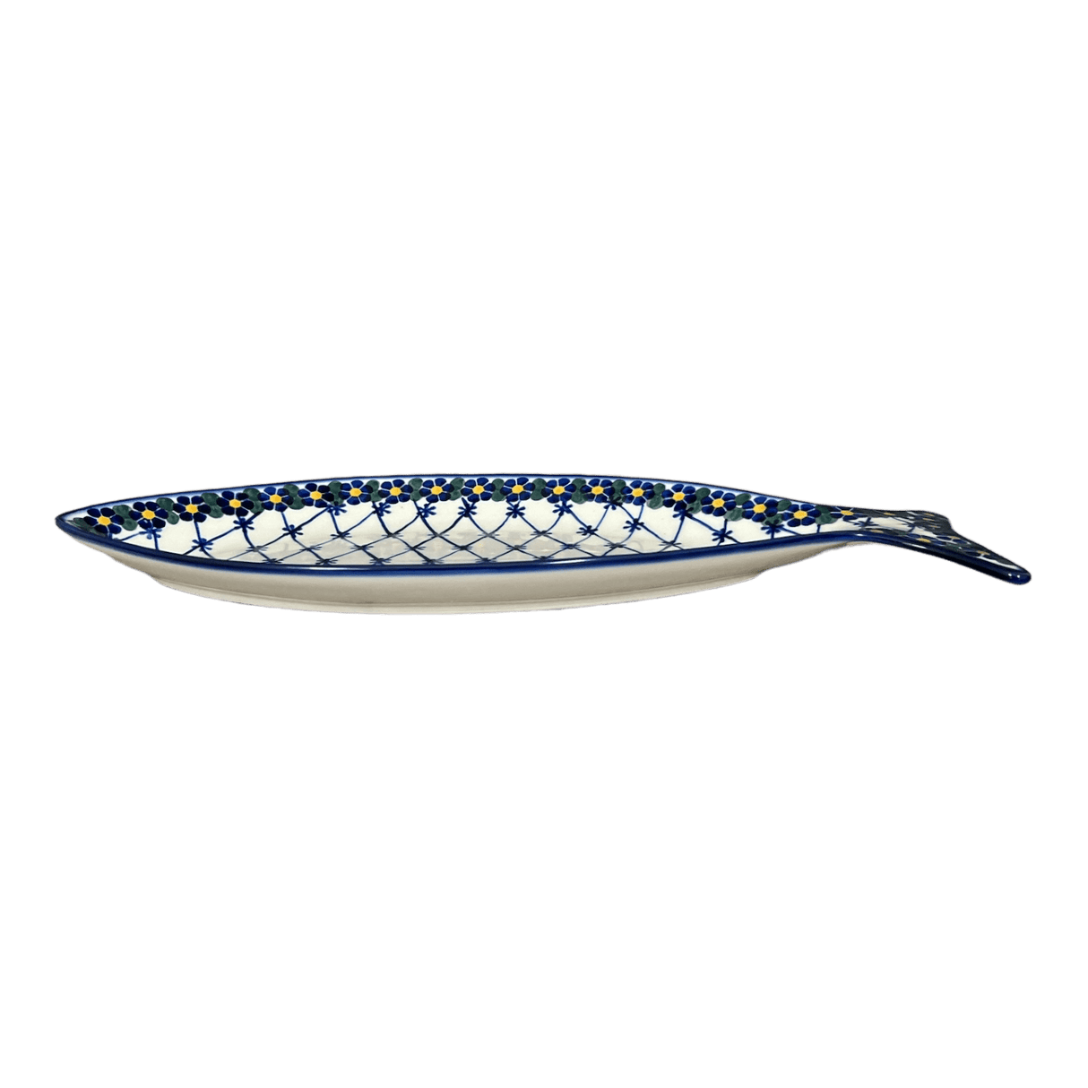 Plate, Fish-Shaped, 14.5" x 6.5", WR (WR13O) in "Blue Floral Trellis" by W.R. Ceramika | WR13O-DT3