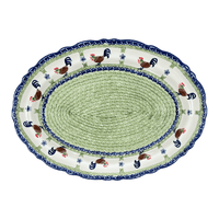 A picture of a Polish Pottery Large Scalloped Oval Platter (Chicken Dance) | P165U-P320 as shown at PolishPotteryOutlet.com/products/16-75-x-12-25-large-scalloped-oval-platter-chicken-dance-p165u-p320