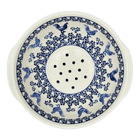 A picture of a Polish Pottery Zaklady 10" Colander (Rooster Blues) | Y1183A-D1149 as shown at PolishPotteryOutlet.com/products/10-colander-rooster-blues-y1183a-d1149
