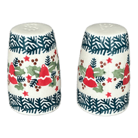 A picture of a Polish Pottery 3.75" Salt and Pepper (Evergreen Bells) | S086U-PZDG as shown at PolishPotteryOutlet.com/products/3-75-salt-and-pepper-evergreen-bells-s086u-pzdg