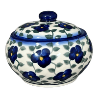 A picture of a Polish Pottery Container, Round, Covered, 5" x 4", WR (WR31I) in "Pansy Storm" by W.R. Ceramika | WR31I-EZ3 as shown at PolishPotteryOutlet.com/products/round-covered-container-pansy-storm-wr31i-ez3