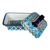 A picture of a Polish Pottery 5.5" x 4.75" Butter Dish (Teal Pompons) | NDA14-62 as shown at PolishPotteryOutlet.com/products/5-5-x-4-75-butter-dish-teal-pompons-nda14-62