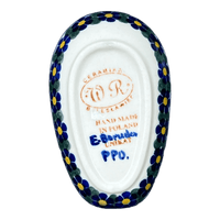 A picture of a Polish Pottery Spoon Rest, 3.5" x 5", WR (WR55D) in "Blue Floral Trellis" by W.R. Ceramika | WR55D-DT3 as shown at PolishPotteryOutlet.com/products/3-5-x-5-spoon-rest-blue-floral-trellis-wr55d-dt3